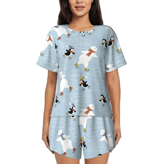 Balery Skiing penguin Bear Pattern Womens Pajama Sets 2 Piece Soft Short Sleeve Top and Shorts Sleepwear Round Neck Pjs Lounge Set with Pockets-Large