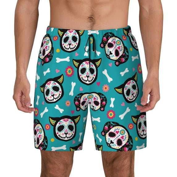 Balery Skull Cat Mens Swim Trunks Swim Shorts for Men Quick Dry Inseam Beach Shorts with Compression Liner Pocket-Large