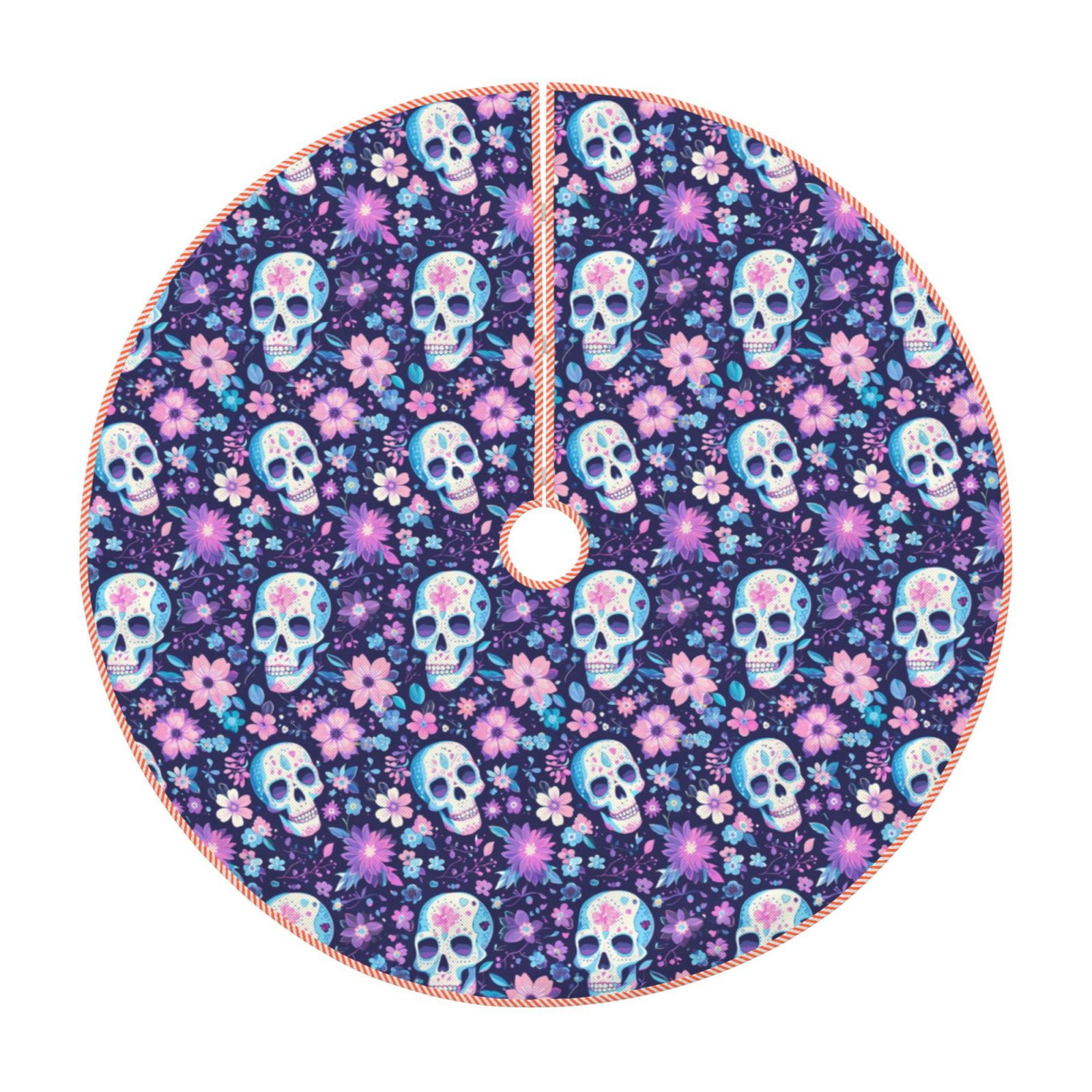 Balery Skull Purple Flower Printed Christmas Tree Skirt , Merry