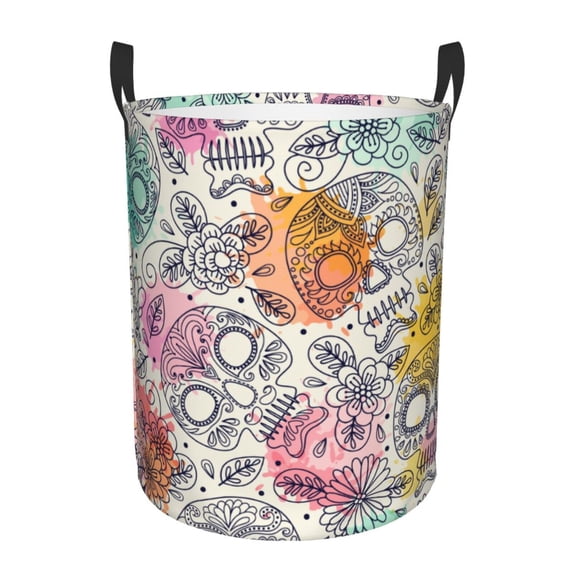 Balery Skull and Flowers Round Laundry Basket with Handles Waterproof Freestanding Laundry Hamper for Clothes Toys in the Dorm and Family-Medium