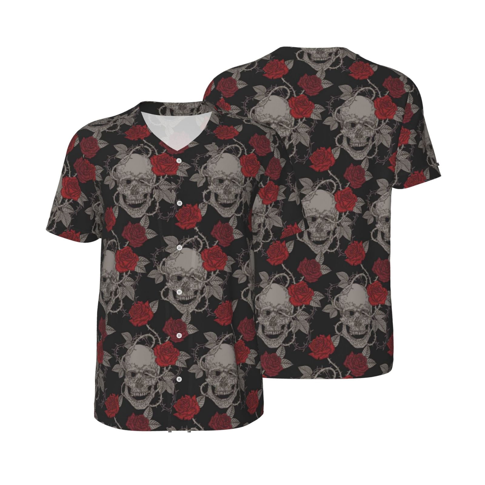 Red Roses Uniform Balery Skull and Red Roses Baseball Jersey for Men Casual Button Down ...