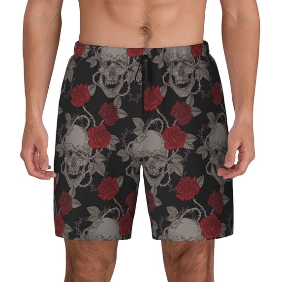 Balery Skull and Red Roses Mens Swim Trunks Swim Shorts for Men Quick Dry Inseam Beach Shorts with Compression Liner Pocket-Large