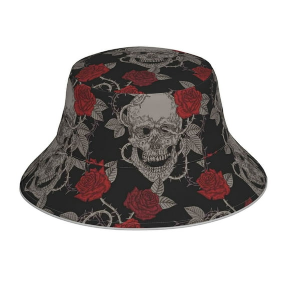 Balery Skull and Red Roses Sun Hats for Men Women Bucket Hat UPF 50+ Buckey Hat Boonie Hat Foldable UV Protection Hiking Beach Fishing Summer