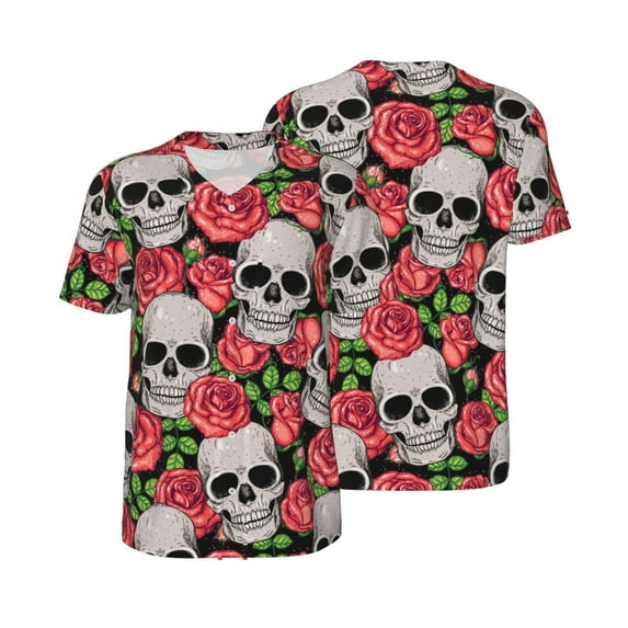 Balery Skull and Roses Baseball Jersey for Men Casual Button Down Shirts Short Sleeve Active Team Sports Uniform-Large