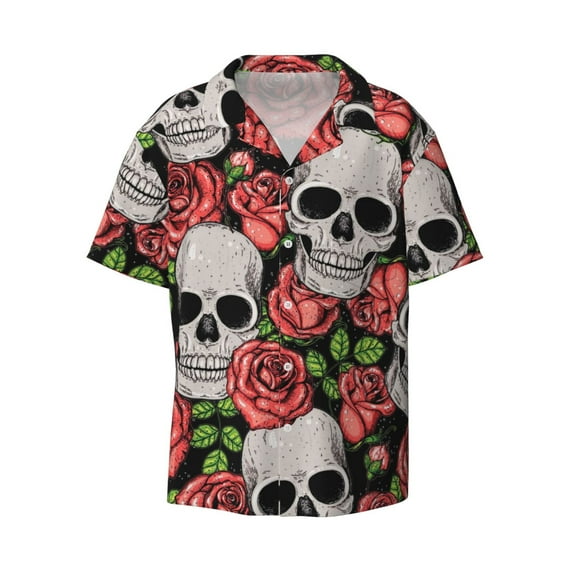 Balery Skull and Roses Men's Casual Button Down Shirt Short Sleeve Textured Summer Cuban Beach Shirts-3X-Large