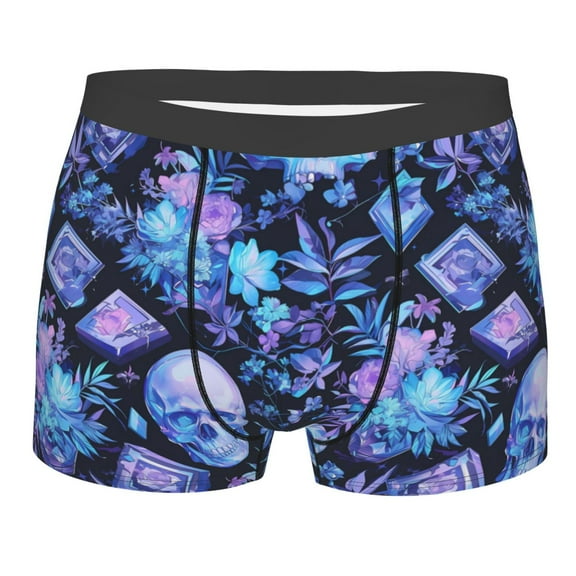 Balery Skull blue crystal flower Men's Boxer Briefs, Soft and Breathable Cotton Underwear with nylon Waistband-Medium