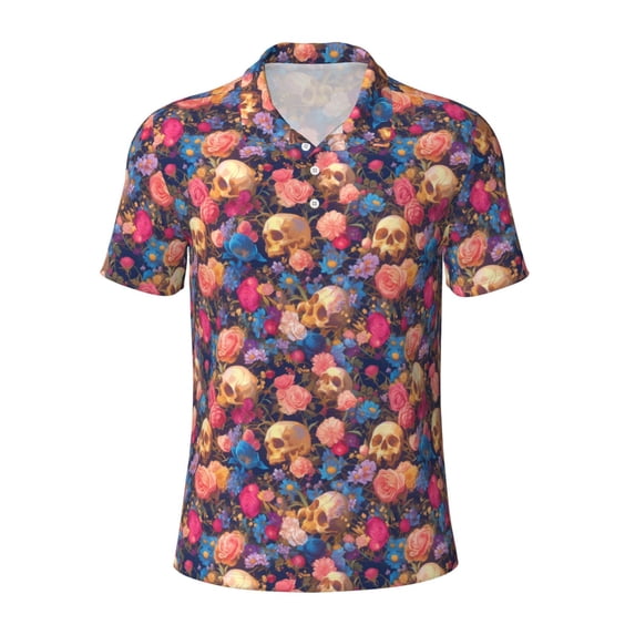 Balery Skull colorful daisy Printed Men’s Short Sleeve Polo Shirt, Midweight Men's Shirt,Golf Polo shirts -4X-Large