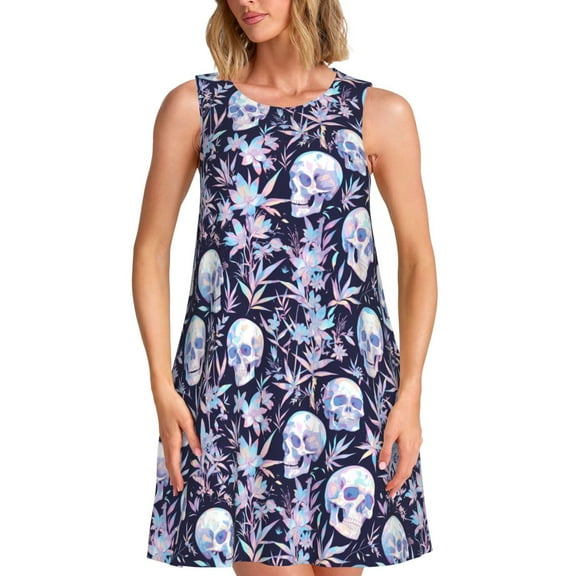 Balery Skull flower crystal Pattern Women’s Summer Dresses – Loose Sleeveless Sundress, Casual and Comfortable Beach Dress for Hot Days