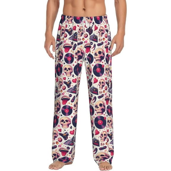 Balery Skull lips record Guitar print Men's Pajama Pants,Ultra Lightweight Pjs,Lounge Pant-Medium