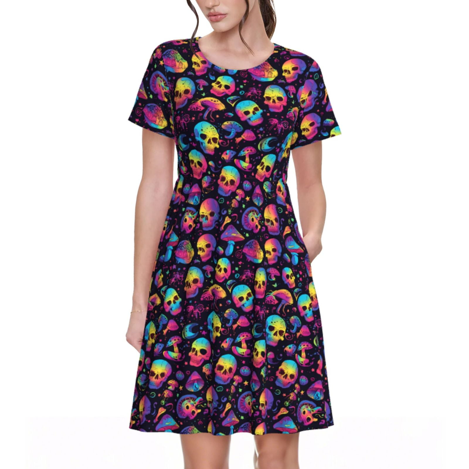 Balery Skull mushroom rainbow color Pattern Womens Dresses Loose Short ...