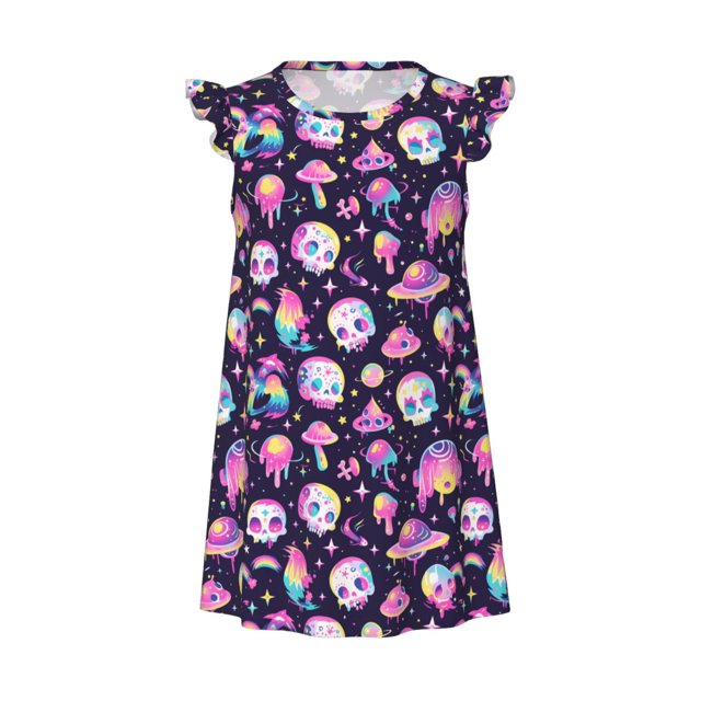 Balery Skull mushroom space Princess Nightgown for Girls Flutter Sleeve