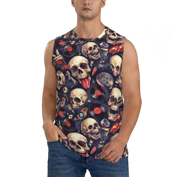 Balery Skull record rock Men's Sleeveless Muscle Shirts Workout Tank Top, Moisture Wicking, Odor Protection-Medium
