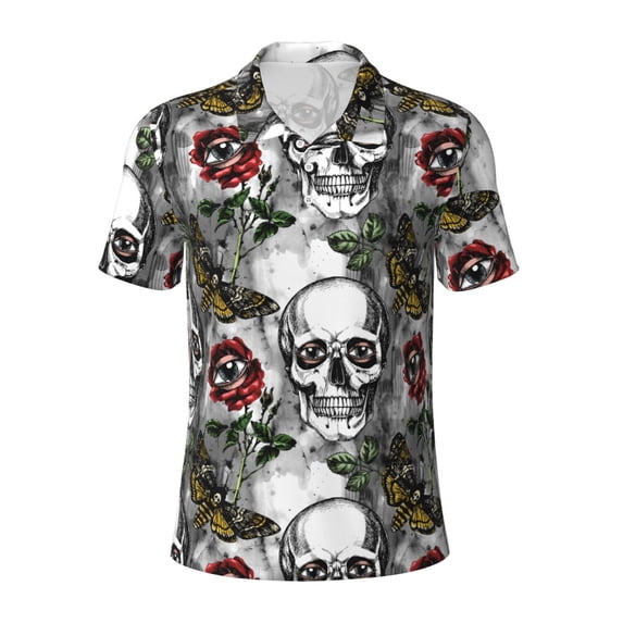 Balery Skulls Roses Printed Men’s Short Sleeve Polo Shirt, Midweight Men's Shirt,Golf Polo shirts -4X-Large