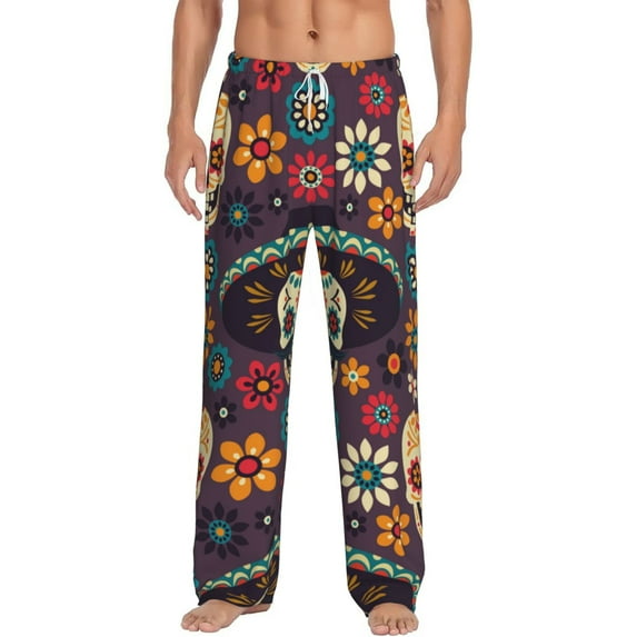 Balery Skulls and Flowers print Men's Pajama Pants,Ultra Lightweight Pjs,Lounge Pant-Small
