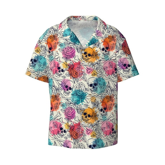 Balery Skulls and Roses Men's Casual Button Down Shirt Short Sleeve Textured Summer Cuban Beach Shirts-4X-Large