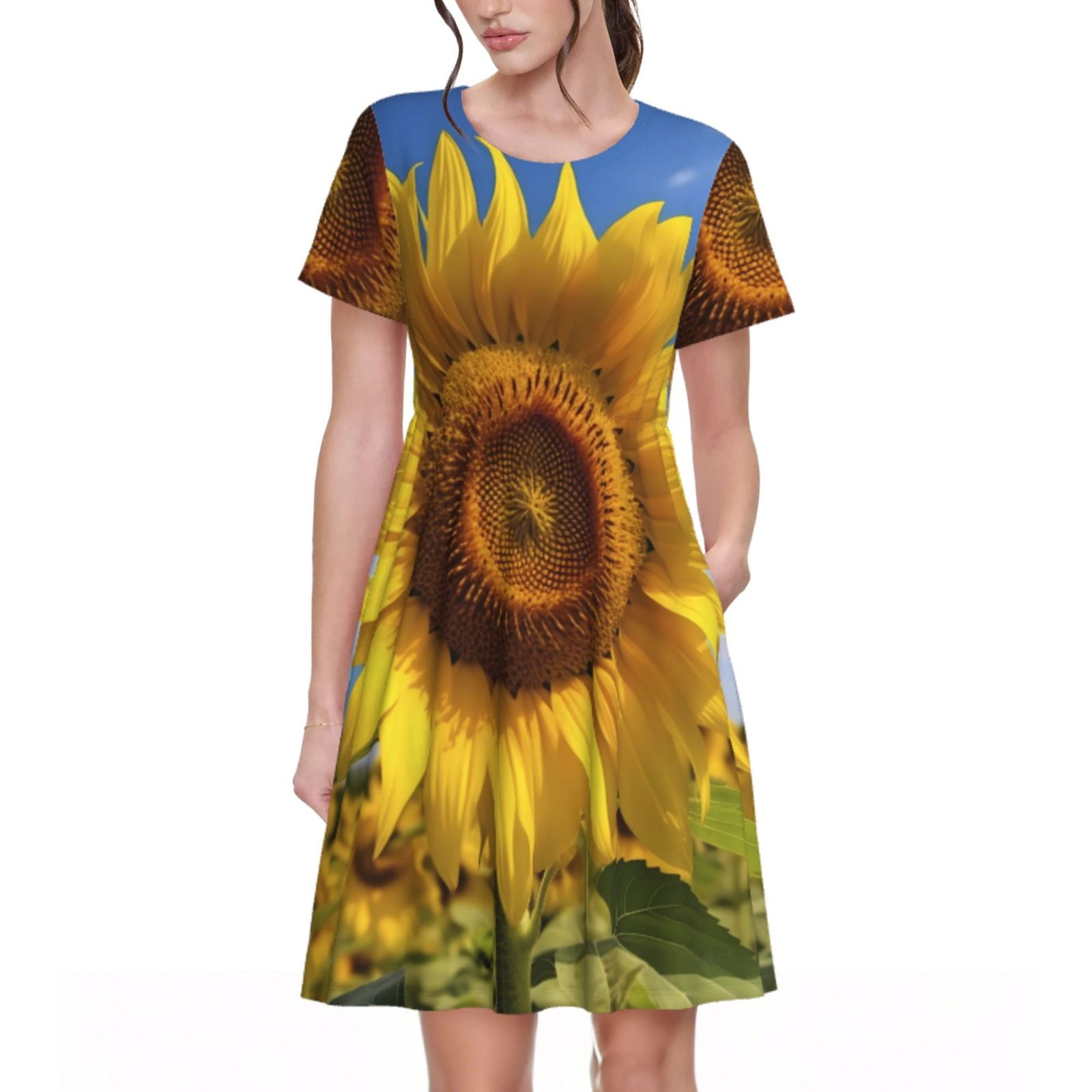 Balery Sky Golden Sunflower Field A Pattern Womens Dresses Loose Short sleeve Sundresses
