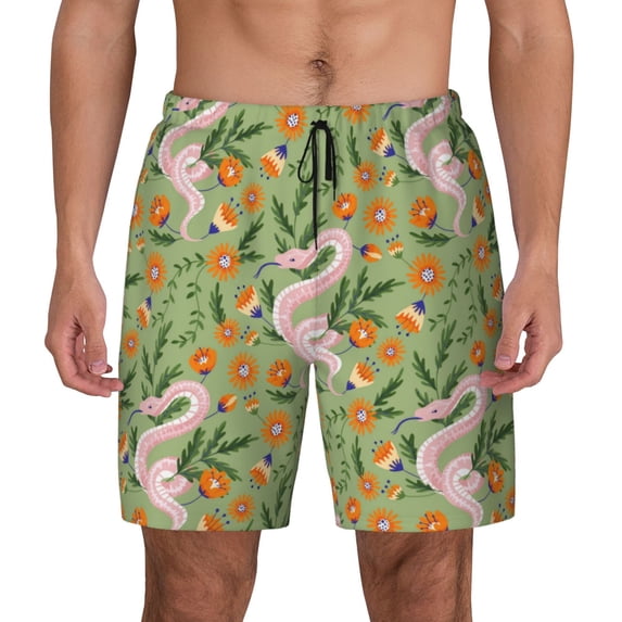 Balery Snake And Floral Mens Swim Trunks Swim Shorts for Men Quick Dry Inseam Beach Shorts with Compression Liner Pocket-3X-Large
