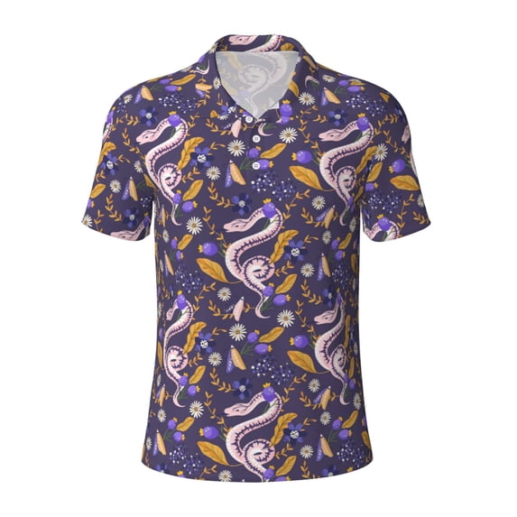 Balery Snake And Floral Printed Men’s Short Sleeve Polo Shirt, Midweight Men's Shirt,Golf Polo shirts -4X-Large