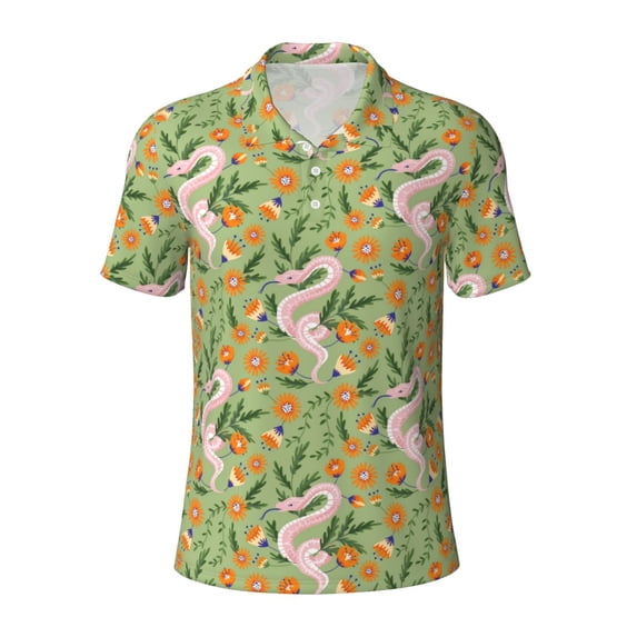 Balery Snake And Floral Printed Men’s Short Sleeve Polo Shirt, Midweight Men's Shirt,Golf Polo shirts -X-Large