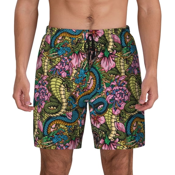 Balery Snake And Flower Mens Swim Trunks Swim Shorts for Men Quick Dry Inseam Beach Shorts with Compression Liner Pocket-Large