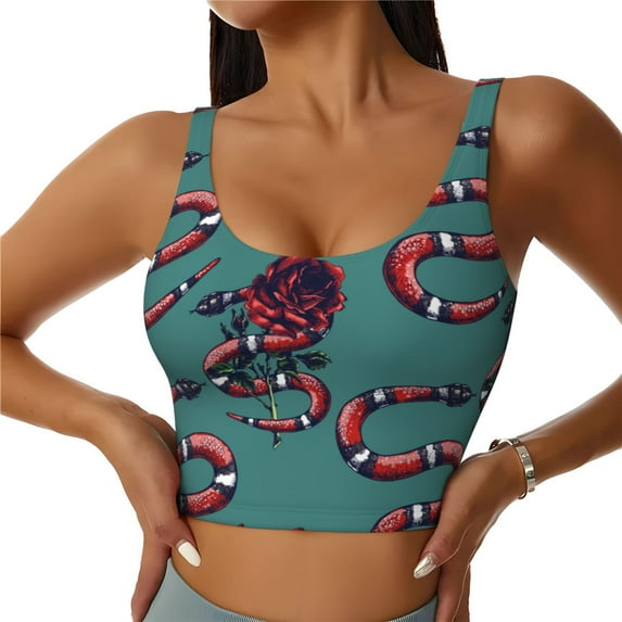 Balery Snake And Rose Pattern Racerback Sports Bras for Women - Padded Seamless High Impact Support for Yoga Gym Workout Fitness-Large