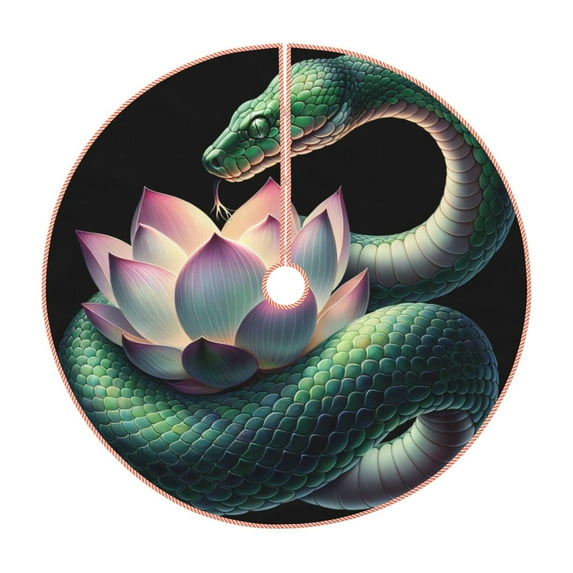 Balery Snake Holding A Lotus Printed Christmas Tree Skirt , Merry Christmas Party Christmas Tree Decoration,Adjustable Tree Skirt-48"