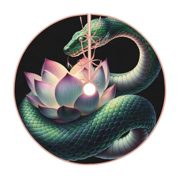 Balery Snake Holding A Lotus Printed Christmas Tree Skirt , Merry Christmas Party Christmas Tree Decoration,Adjustable Tree Skirt-48"