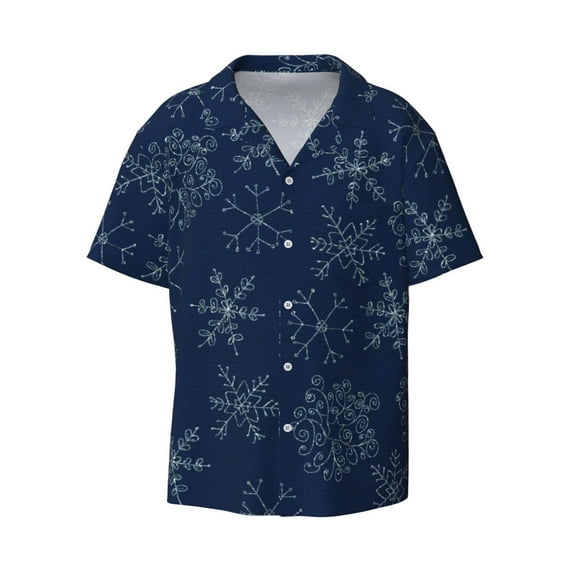 Balery Snowflake Dark Blue Men's Casual Button Down Shirt Short Sleeve Textured Summer Cuban Beach Shirts-Large