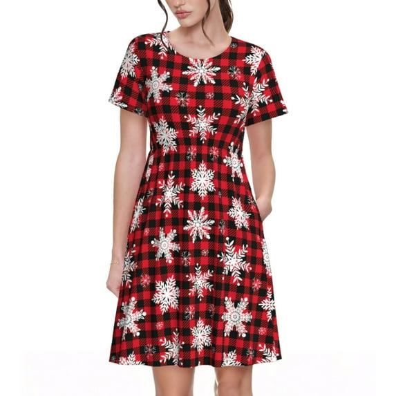 Balery Snowflake red plaid Pattern Womens Dresses Loose Short sleeve Sundresses Swimsuit Coverup 2025 Summer Casual Dress for Women - A-Line Swing Dress