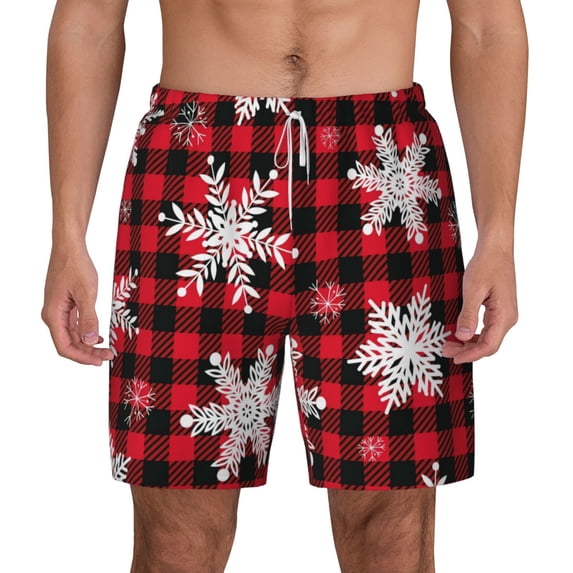 Balery Snowflakes On A Buffalo Plaid Mens Swim Trunks Swim Shorts for Men Quick Dry Inseam Beach Shorts with Compression Liner Pocket-Small