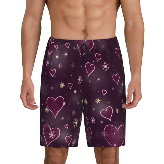 Balery Snowflakes and Hearts Men's Cotton Knit Pajama Shorts Waistband & Pockets,Short Pajama Pants-Small