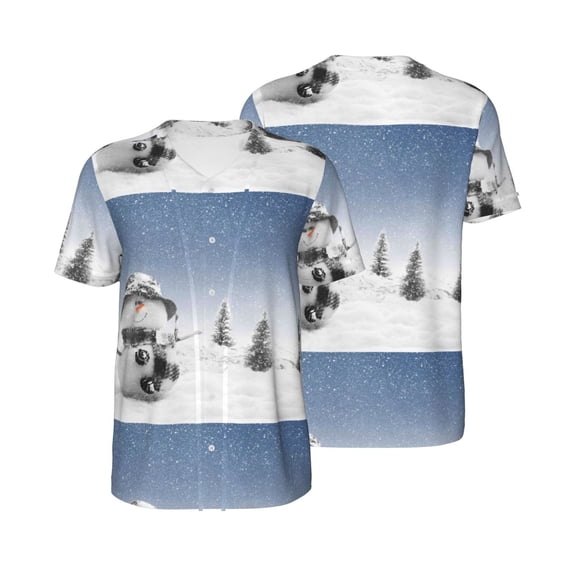 Balery Snowman And Christmas Tree Baseball Jersey for Men Casual Button Down Shirts Short Sleeve Active Team Sports Uniform-Small
