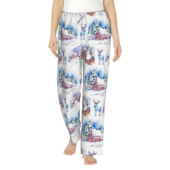 Balery Snowy Cottage Holiday Scene print Women's Pajama Pants,Ultra Lightweight Pjs,Lounge Pant-Medium