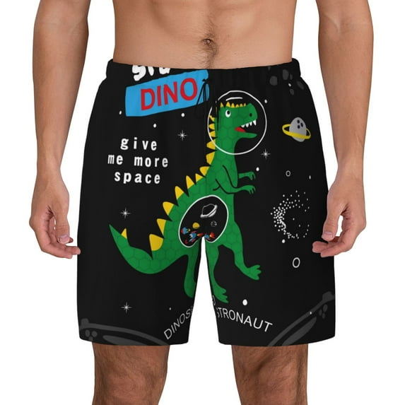Balery Space Dino Cartoon Black Mens Swim Trunks Swim Shorts for Men Quick Dry Inseam Beach Shorts with Compression Liner Pocket-Medium