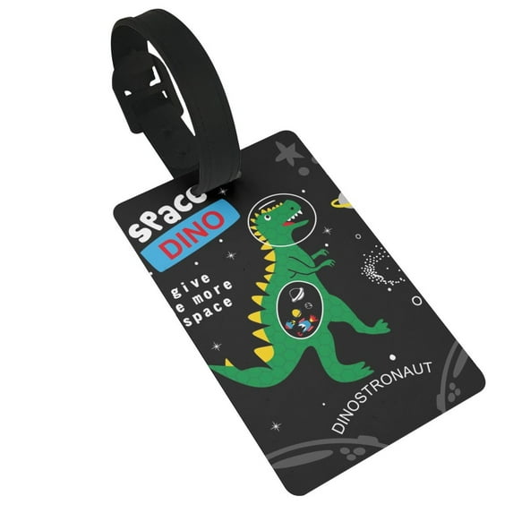 Balery Space Dino Cartoon Black Print Durable Luggage Tags with Secure Strap, Personalized Travel ID Tags for Suitcases, Bags, and Backpacks - Easy Identification for Men and Women