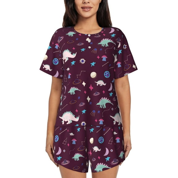Balery Space Dinosaur Pattern Womens Pajama Sets 2 Piece Soft Short Sleeve Top and Shorts Sleepwear Round Neck Pjs Lounge Set with Pockets-Medium