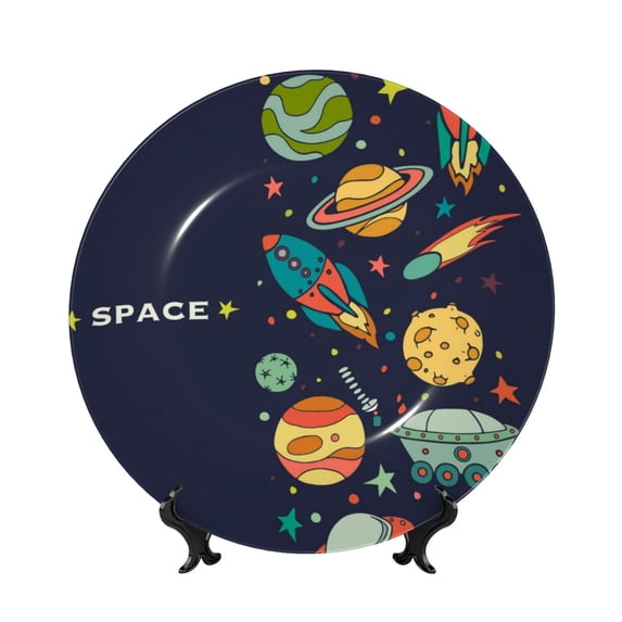 Balery Space Print Bone China Decorative Plate Ceramic Dinner Plates Art Crafts with Display Stand-6in