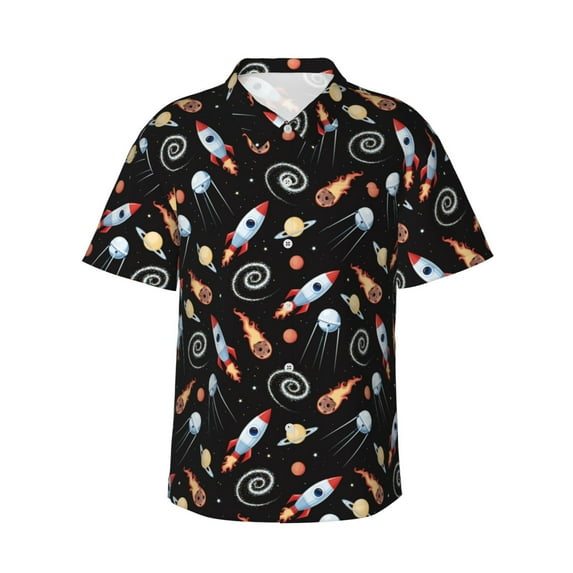 Balery Space Rocket Print Men's Hawaiian Shirts Short Sleeve Beach Shirt Relaxed Fit Vacation Button Down Shirts-3X-Large