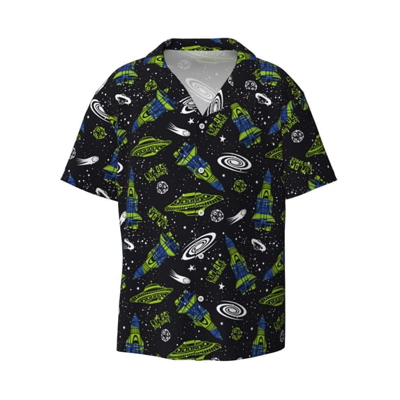 Balery Space Rockets Men's Casual Button Down Shirt Short Sleeve Textured Summer Cuban Beach Shirts-X-Large