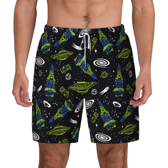 Balery Space Rockets Mens Swim Trunks Swim Shorts for Men Quick Dry Inseam Beach Shorts with Compression Liner Pocket-Medium