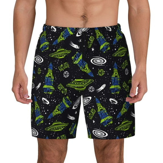Balery Space Rockets Mens Swim Trunks Swim Shorts for Men Quick Dry Inseam Beach Shorts with Compression Liner Pocket-Medium