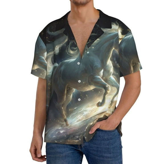 Balery Space White Horse Men's Casual Button Down Shirt Short Sleeve Textured Summer Cuban Beach Shirts-3X-Large