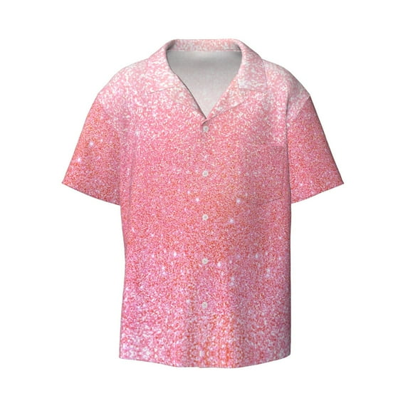Balery Sparkly Pink Glitter Men's Casual Button Down Shirt Short Sleeve Textured Summer Cuban Beach Shirts-4X-Large