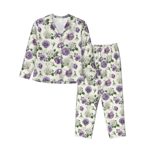 Balery Spring Flowers Pattern Pajama Sets for Women Long Sleeve 2 Piece Sleepwear Loungewear Sets Soft PJ's with Pockets Long Sleeve Comfy Pj Sets-X-Large