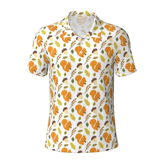 Balery Squirrel Eating Nuts Printed Men’s Short Sleeve Polo Shirt, Midweight Men's Shirt,Golf Polo shirts -Large