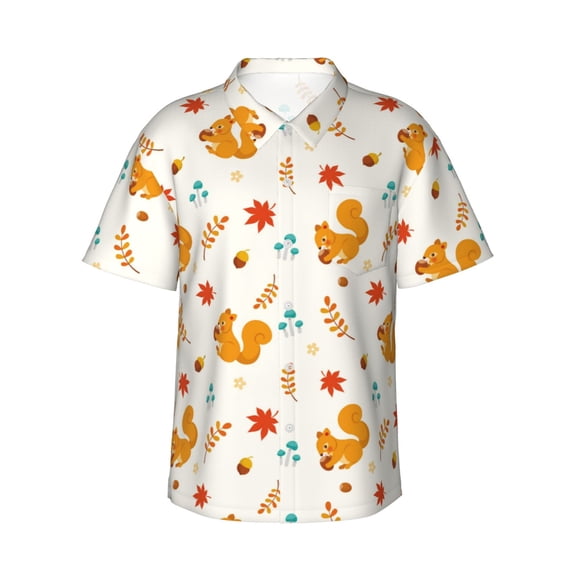 Balery Squirrel Maple Leaves And Nuts Print Men's Hawaiian Shirts Short Sleeve Beach Shirt Relaxed Fit Vacation Button Down Shirts-XX-Large
