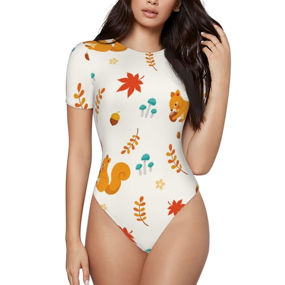 Balery Squirrel Maple Leaves And Nuts Women's Short Sleevee Crew Neck Bodysuit Tops Short Sleeve Tops Basic-Large