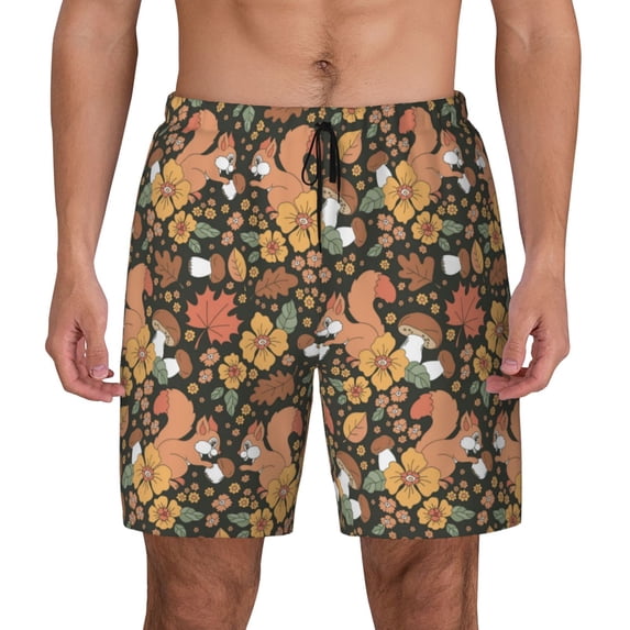 Balery Squirrel Mushroom Yellow Flower Mens Swim Trunks Swim Shorts for Men Quick Dry Inseam Beach Shorts with Compression Liner Pocket-Large