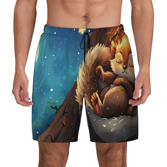 Balery Squirrel Sleeping In Tree Mens Swim Trunks Swim Shorts for Men Quick Dry Inseam Beach Shorts with Compression Liner Pocket-3X-Large