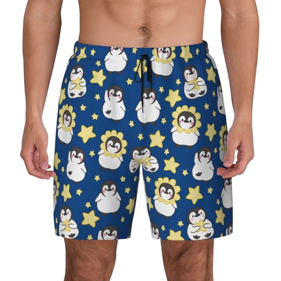 Balery Star Penguin Mens Swim Trunks Swim Shorts for Men Quick Dry Inseam Beach Shorts with Compression Liner Pocket-Large